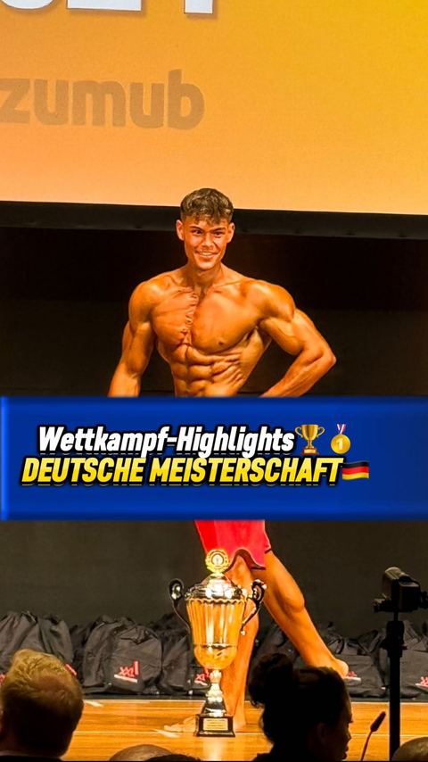 Instagram-Reel: Tobi auf der Bühne der Deutschen Meisterschaft, vorne der Pokal