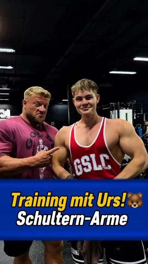 Instagram-Reel: Tobi und Urs nebeneinander im Gym, Text: Training mit Urs, Schultern und Arme