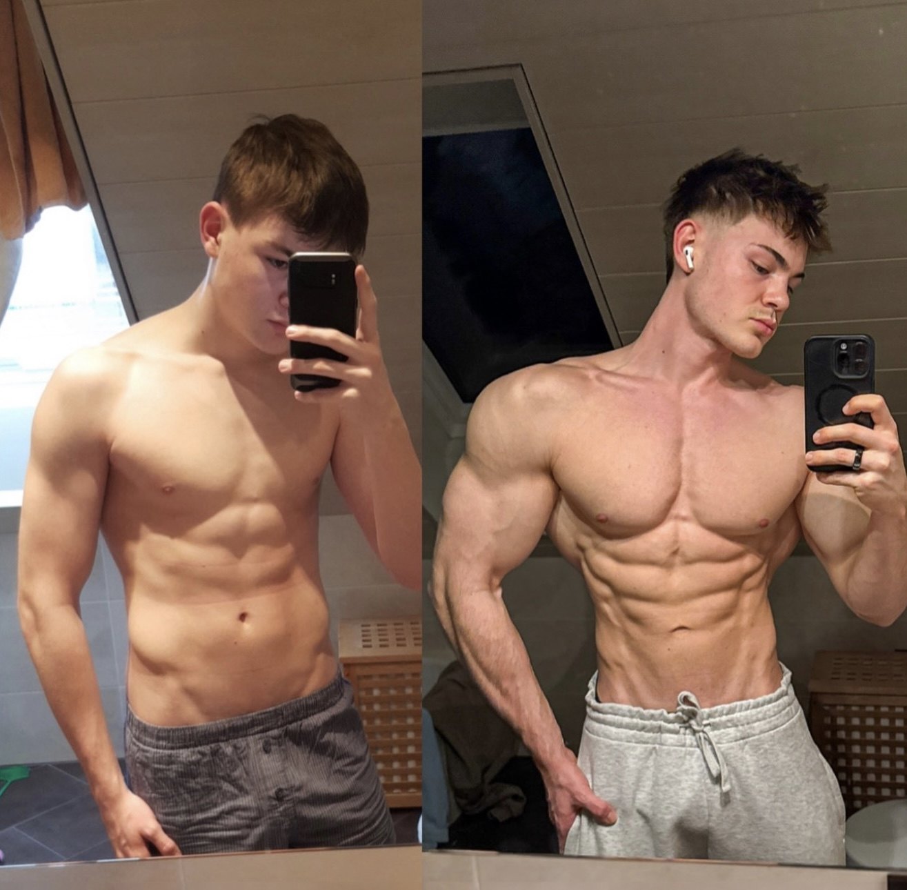 Tobi oberkörperfrei vor dem Spiegel, links mit 58 Kilo, rechts mit 83 Kilo